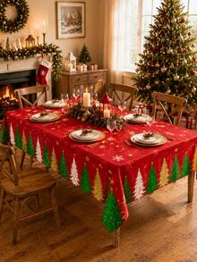 1pc Christmas Tablecloth, Red Christmas Tree & Snowflake Pattern, Holiday Decor Tablecloth, Suitable For Dining Table, Christmas Party, Home Kitchen Dinner Setting - Multicolor - View 8