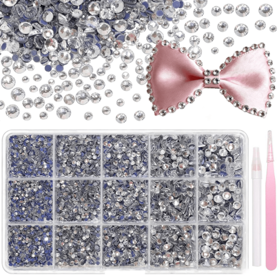 15-Grid White AB/Clear Mixed Size Hot-Fix Rhinestones SS6-SS30, Suitable For Evening Dress Embellishment, Hat Decoration, Shoe Decoration, DIY Phone Case, Keychain, And Earphone Case Decoration