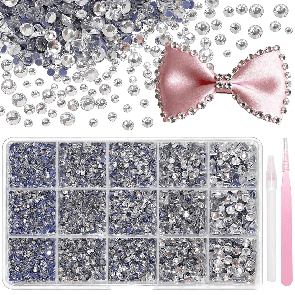 15-Grid White AB/Clear Mixed Size Hot-Fix Rhinestones SS6-SS30, Suitable For Evening Dress Embellishment, Hat Decoration, Shoe Decoration, DIY Phone Case, Keychain, And Earphone Case Decoration - Clear Diamond - View 1