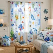 2 Pieces Of Underwater World Marine Life Printed Curtains, Fade Resistant, Hand Washable And Machine Washable, Hook Free Design, Suitable For Home Decoration In Living Rooms, Bedrooms, And Study Rooms - Multicolor - View 5