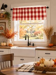 1pc-Red And White Buffalo Check Valance Curtain, Farmhouse Plaid Rod Pocket Window Topper, Rustic Country Kitchen Window Treatment, Fall Thanksgiving & Christmas Home Decor, Short Checkered Curtain Valance For Cafe Dining Room - Black and White - View 3