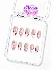 NAIO 10pcs/Set Y2K Handmade Press-On Nails, Nude White Red French Tip, Hand-Painted 3D Red White Flower Heart Rhinestone Nail Art, Elegant Wedding Bridal Style, Suitable For Party And Daily Wear, 3 Sizes Coffin/Almond/Short Square, Acrylic False Nails - Multicolor - View 17