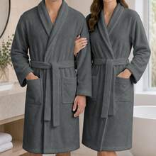 Albornoz de Algodón 90% para Pareja, Bata de Baño Absorbente con Cuello Chal, Bolsillos Grandes y Cinturón Ajustable, Colores Blanco/Crema/Gris Claro/Gris Oscuro/Azul Marino, Tallas S-XXL - Gris Oscuro - Ver 5