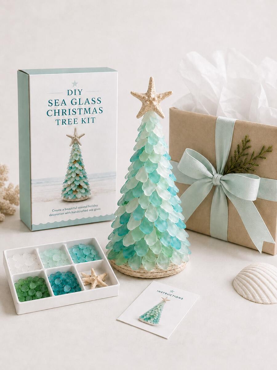 1pc Sea Glass Christmas Tree Set, Sea Glass Christmas Tree Series Set, Desktop Decoration Set, Holiday Style Decor, Handmade Craft, Christmas Theme Creative Gift - Multiple Styles - View 1