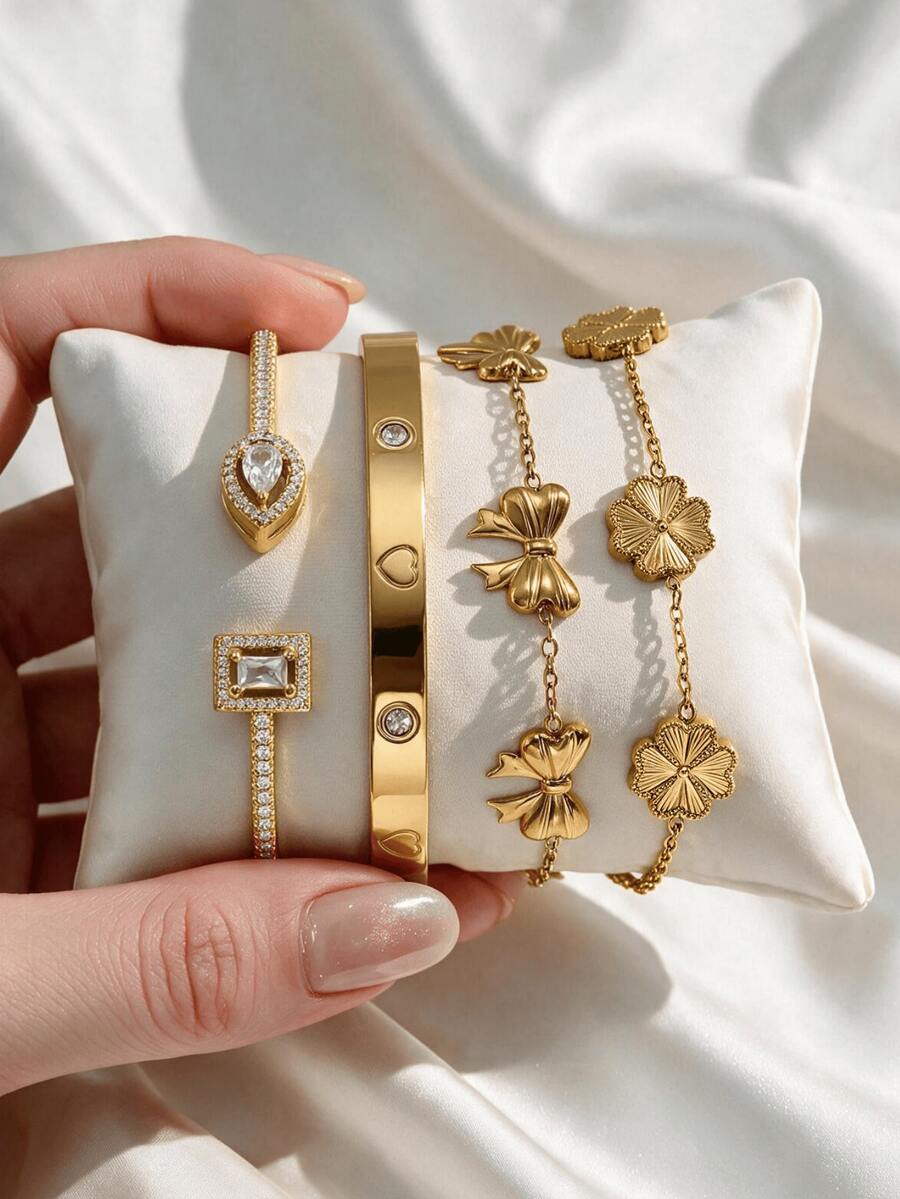 4pcs/1pc Elegant Gold Clover & Bow Stackable Bracelet Set, Sparkling Rhinestone Bangle Jewelry, Romantic Valentine's Day Gift - Gold 9 - View 1