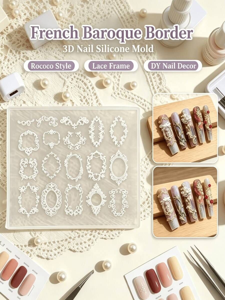1pc Vintage Scroll Pattern French Baroque Frame 3D Embossed Nail Art Silicone Mold - Clear - View 1