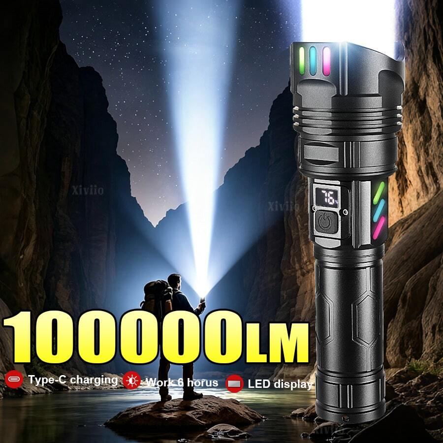 Senter Portabel untuk Berkemah, Mendaki, Eksplorasi, Berburu, Memancing, Senter Taktis Zoom Teleskopik Isi Ulang Tipe-C, Layar LCD Indikator Baterai, 5 Mode, Bahan Paduan Aluminium Tahan Air, Cocok untuk Penggunaan Sehari-hari