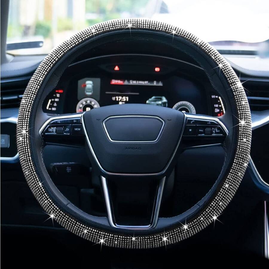 1pc Rhinestone Car Steering Wheel Cover, Shiny Diamond Steering Wheel Cover Car Accessory, No Inner Ring, Women's Car Interior Decor - Steering Wheel Cover - View 1