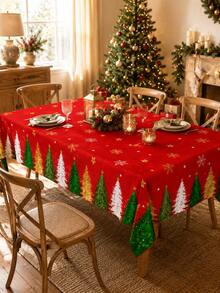 1pc Christmas Tablecloth, Red Christmas Tree & Snowflake Pattern, Holiday Decor Tablecloth, Suitable For Dining Table, Christmas Party, Home Kitchen Dinner Setting - Multicolor - View 2