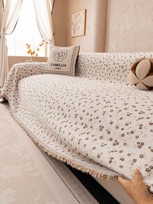 1pc Cream Vintage Small Brown Floral Sofa Throw, With Tassel Edge, Soft Universal Sofa Protector Blanket, Retro Decorative Sofa Cover, Create Cozy Living Room Atmosphere - Khaki - View 6