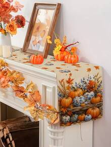 Autumn Thanksgiving Blue & White Printed Pumpkin Table Runner, Pillowcase, Placemat, Rustic Farmhouse Vintage Dining Table Decor, Orange Pumpkin & Maple Leaf Long Tablecloth, Suitable For Holiday Party Home Kitchen Home Decor - Multicolor - View 2