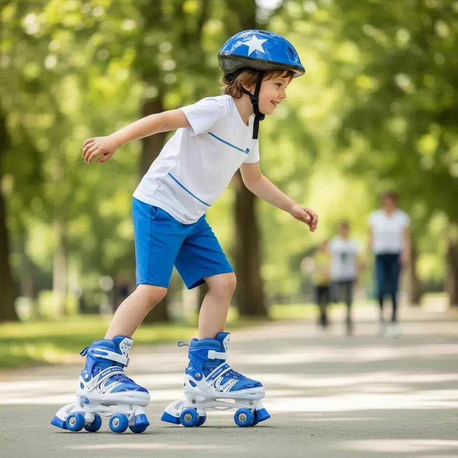 Patines Infantiles Estables con Doble Rueda y Freno, Tamaño Ajustable que Acompaña el Crecimiento, Para Niños y Niñas Principiantes 3-12 Años, Rosa y Azul, Regalo Divertido