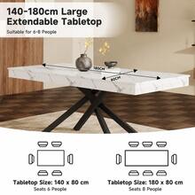 140/180*80 Extendable Dining Table 6-8, Modern Marble Effect Expandable Kitchen Table With Metal, Rectangular Dining Room Table, Space Saving Table Dining Room, White Marble - White Marble + MDF - View 9
