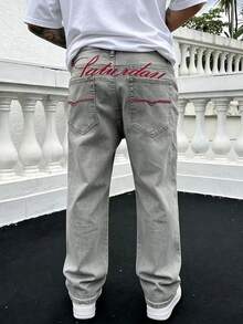 Men's Fashion Embroidered Loose Casual Denim Jeans - Grey - View 1