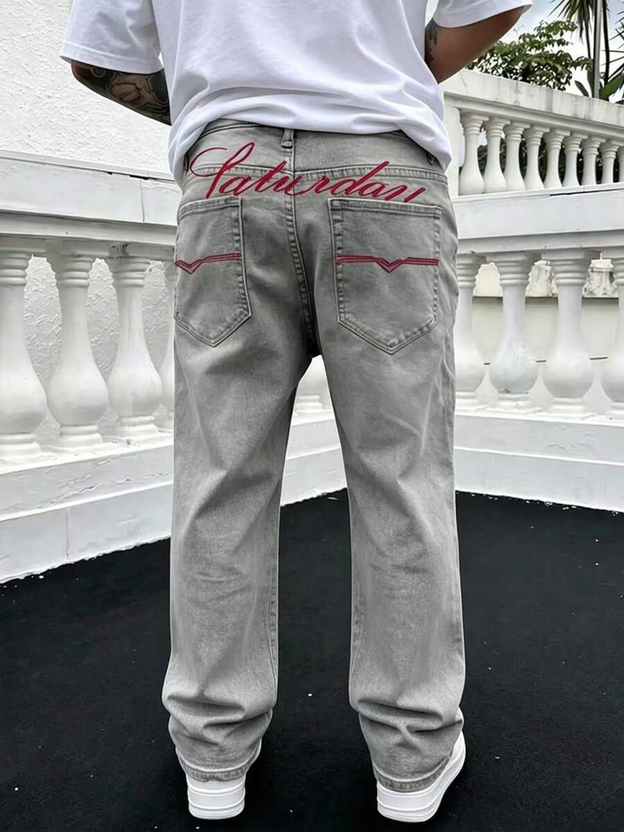 Men's Fashion Embroidered Loose Casual Denim Jeans - Grey - View 1