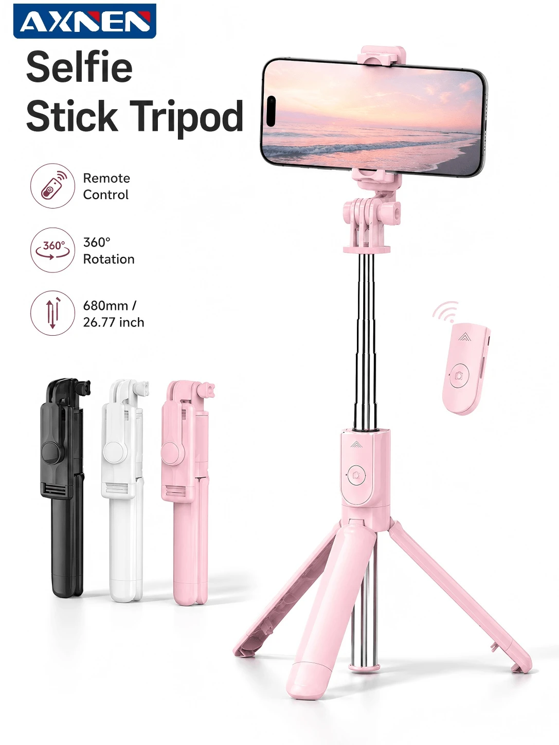 AXNEN 68cm/26.77in Extendable Selfie Stick Tripod With Wireless Bluetooth Remote, 360° Rotating Phone Holder, Portrait/Landscape Shooting, Foldable Anti-Slip Design, For Travel, Selfies, Vlog, Live Streaming And Video Recording - Multi-color - View 1