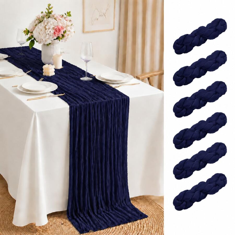 6 Pack Navy Blue Cheesecloth Table Runner, Crinkle Gauze Table Runner, Rustic Boho Sheer Table Decor For Wedding, Thanksgiving, Fall, Bridal Shower, Baby Shower, Birthday Party, Christmas And Farmhouse Home Decor - Navy Blue - View 1