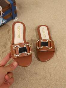 1 Pair Classic Round Toe Rhinestone Flat Sandals, Cute & Fashionable For Girls, Suitable For Summer & Various Occasions Like Beach Wear - Brown - View 7