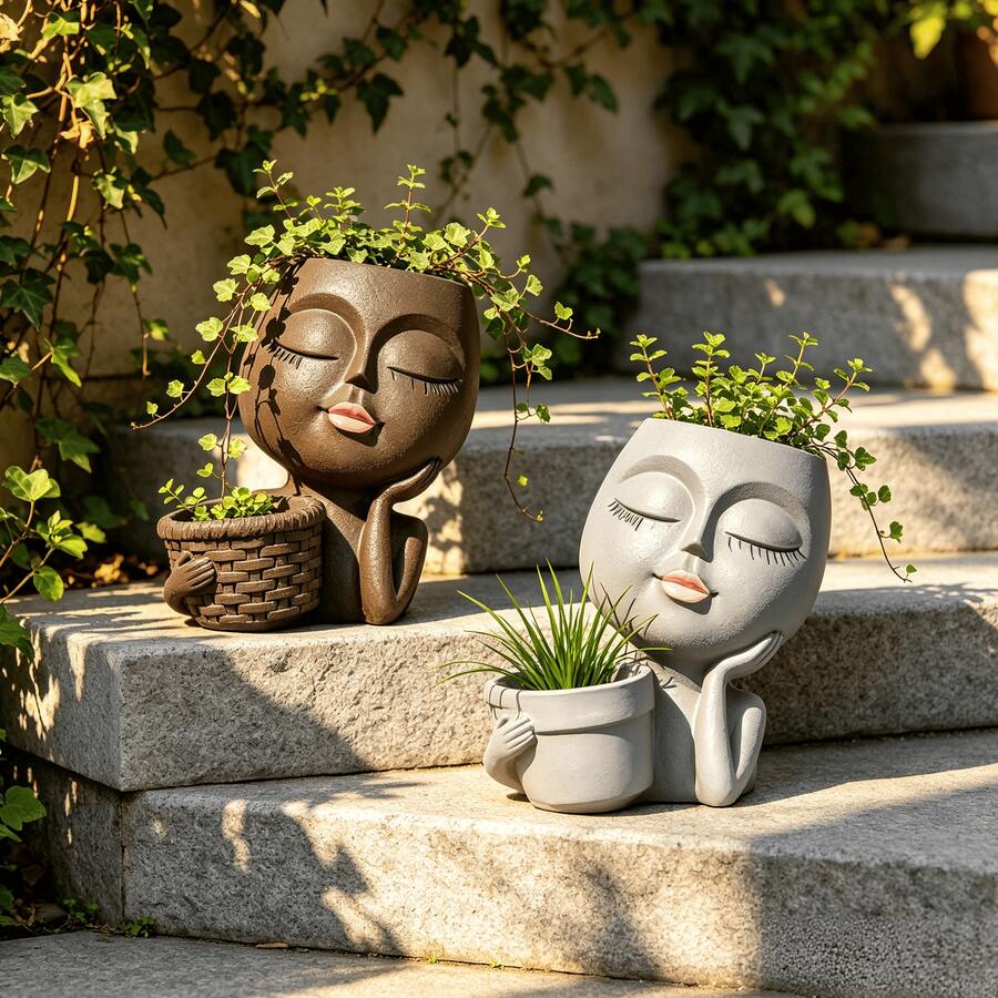 Unique Resin Human Face Planter, Cute Closed-Eye Face Design With Handle, UV-Resistant Outdoor Decor, Suitable For Garden, Yard, Balcony, Patio, Rustic Style, Creative Resin Planter, Perfect For Plant Lovers And Home Decor Enthusiasts, Great Gift - A - View 1