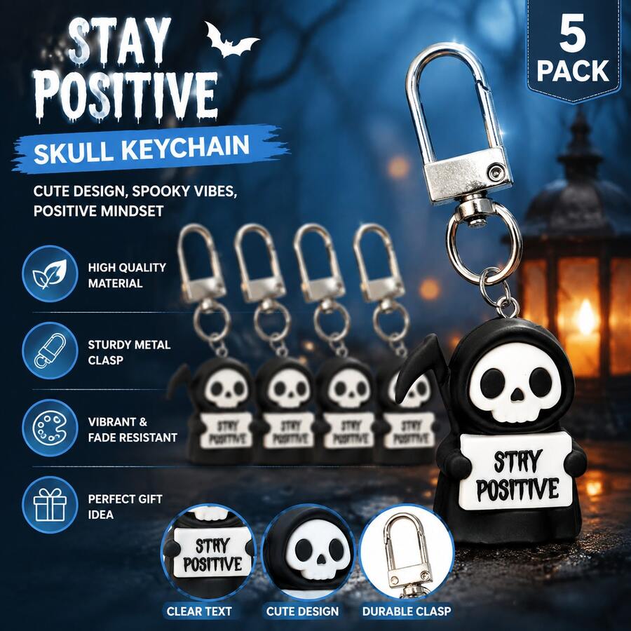 1/5pcs Cute Grim Reaper Keychain Stay Positive Quote 3D Soft Rubber Key Ring, Halloween Backpack Bag Charm Encouragement Holiday Gift - Halloween Grim Reaper - View 1