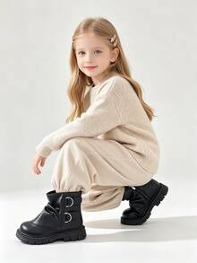Girls' Ruched Ankle Boots With Buckle, Faux Leather Back Zipper Thick Sole, Autumn Winter 2026 - Black - View 6