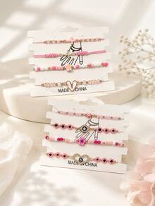 4pcs Pink Beaded Charm Bracelet For Women With Cross, Flower, Heart And Evil Eye Design, Cute Fashion Jewelry Accessory For Women, Everyday Wear - Multicolor - View 1