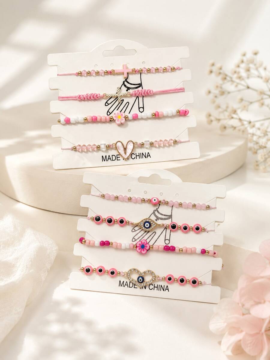 4pcs Pink Beaded Charm Bracelet For Women With Cross, Flower, Heart And Evil Eye Design, Cute Fashion Jewelry Accessory For Women, Everyday Wear - Multicolor - View 1
