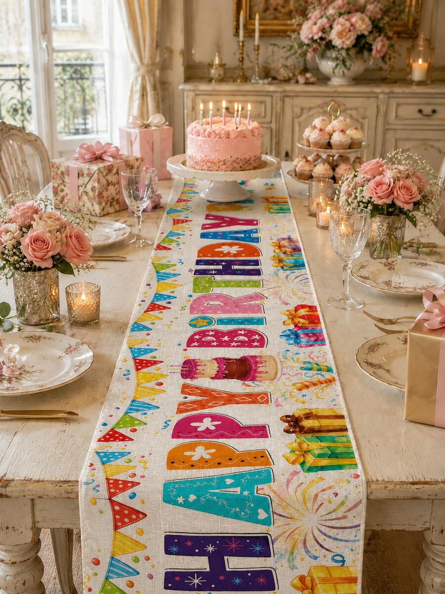 1 buah Taplak Meja Linen Ulang Tahun Warna-warni, Cetakan Huruf Selamat Ulang Tahun dengan Spanduk Pesta, Hadiah, Kue, dan Konfeti, Dekorasi Meja Pesta Ulang Tahun yang Menyenangkan untuk Meja Makan, Dapur, dan Dekorasi Rumah - MultiWarna - View 1