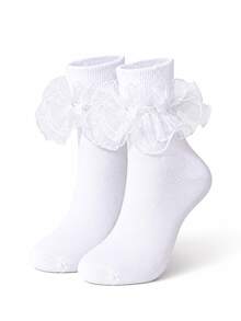 3/1 Pair Women Ruffled Mesh Trim Mid‑Calf Socks, Sweet Lolita Style Frilly Decorative Crew Socks, Stretchy Soft Fashion Socks, Cute Statement Socks For Cosplay, Dress Matching, Party, Daily Outfit And Campus Wear, Multi‑Color Options - Multicolor - View 11