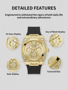 Guess Men's Shock-Resistant Quartz Watch With Champagne Multifunction Dial, Large Arabic Numerals, Black Silicone Strap, Luxury Sport Lifestyle Chronograph - Gold - View 7
