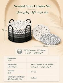 1Set Drink Coaster Set With 8 Round 11 Cm Handwoven Cotton Rope Coasters And Black Metal Holder, 4-Color Woven Table Coasters For Coffee, Tea, Mugs And Glasses, Kitchen Counter, Dining Table, Coffee Table, Living Room Decor And Everyday Home Use - Multicolor - View 9