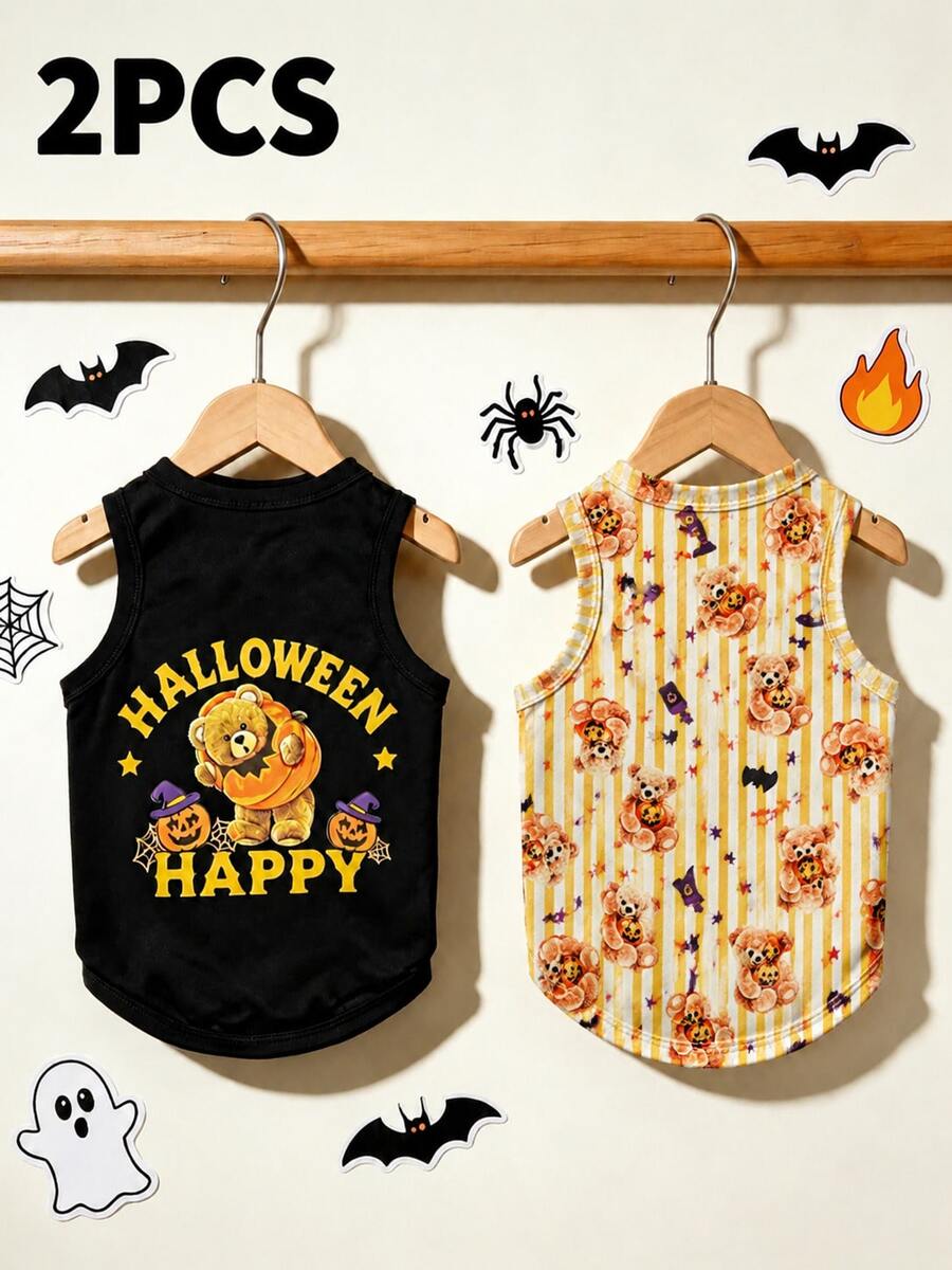 LUCKIE PAW 2pcs/Set Halloween Cute Bear Fun Pattern Pet Vest, Physical Flea Prevention, Reduce Shedding, Heat Insulation, Breathable, Suitable For Small And Large Dogs And Cats, Indoor And Outdoor - Black - View 1