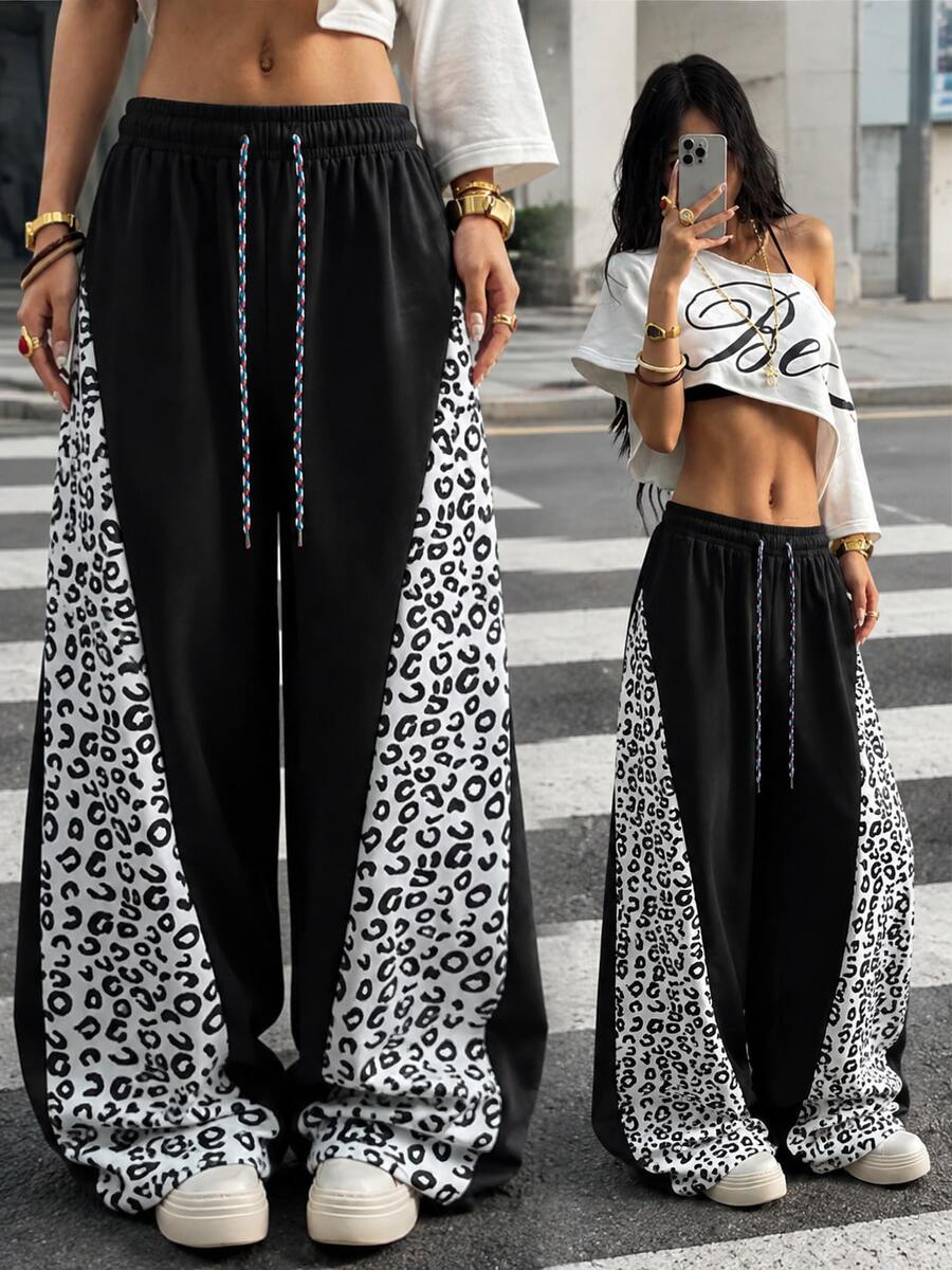Women's Leopard Print Patchwork Wide Leg Pants, Drawstring Elastic Waist, High Waist Loose Casual Street Style Long Pants Sweatpants - Black and White - View 1