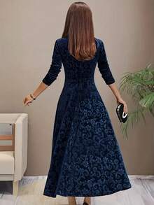 Floral Pattern Velvet Dress, Autumn Women's Clothing, Elegant Long Sleeve Swing Dress - Blue - View 3