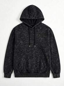 Men's Fashion Sports Faux Washed Distressed Vintage Letter Graphic Print Hoodie Sweatshirt - Black - View 2