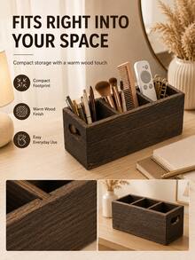 Solid Wood 3-Compartment Desktop Organizer Box, Multi-Slot Design For Makeup Brushes, Remote Controls, Stationery And Miscellaneous Items - View 11