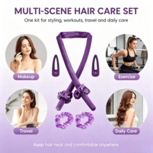 Heatless Curling Rod Set + Matte Square Hair Claw Clip Combo, Plush Set | Makeup Sponge Curling Rod + Scrunchie + Matte Hair Claw + Alligator Hair Clip All-In-One Daily Styling Kit, Large Wave Heatless Microfiber Super Plush Curling Device, Essential For Slouchy Curlers, Suitable For Commuting, Home, Dating And Other Occasions, Easily Create Korean Gentle Atmosphere, Practical And Stylish Must-Have Combination - Multicolor - View 5