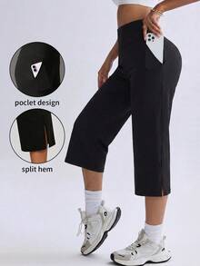 Women's High-Waisted Split Hem Cropped Wide Leg Yoga Pants, With Pockets, Tummy Control Butt Lifting Elastic Sports Pants, Suitable For Workout And Daily Wear - Black - View 1