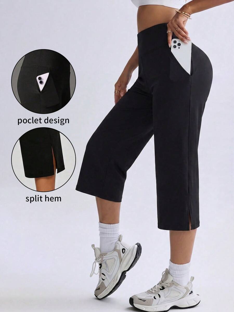 Women's High-Waisted Split Hem Cropped Wide Leg Yoga Pants, With Pockets, Tummy Control Butt Lifting Elastic Sports Pants, Suitable For Workout And Daily Wear - Black - View 1