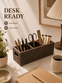 Solid Wood 3-Compartment Desktop Organizer Box, Multi-Slot Design For Makeup Brushes, Remote Controls, Stationery And Miscellaneous Items - View 10
