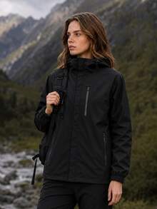 Women's Autumn Solid Black Drawstring Hooded Jacket, Full Front Zipper, Multiple Zipper Pockets, Elastic Cuffs, Loose Casual Top - Black - View 1