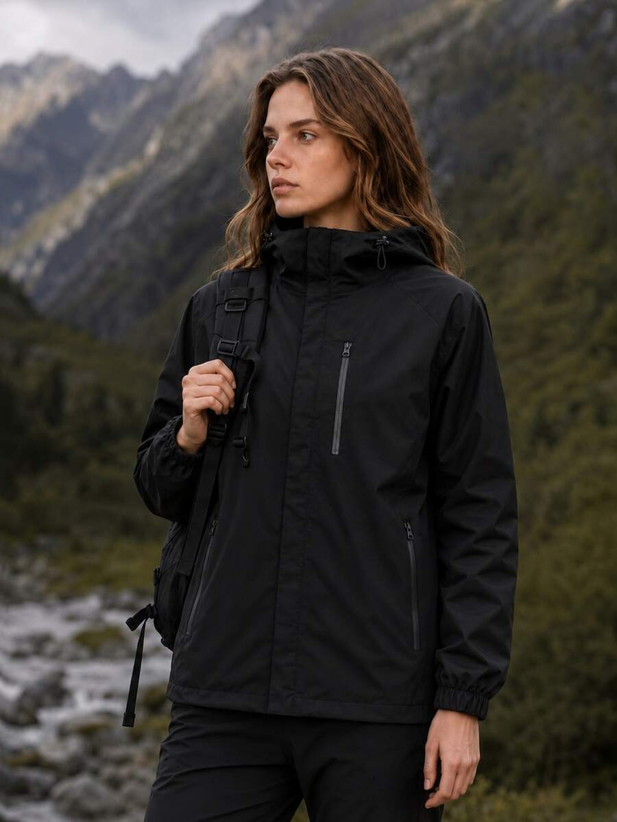 Women's Autumn Solid Black Drawstring Hooded Jacket, Full Front Zipper, Multiple Zipper Pockets, Elastic Cuffs, Loose Casual Top - Black - View 1