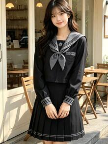 クール 制服セット ゴシック風 コスチューム コスプレ衣装 セーラー襟 プリーツスカート 金魚の結び 黒 JK制服 上下セット 仮装 変装 可愛い 学生服 アニメ cosplay 卒業式 学園祭 - 長袖 - チェックする 6