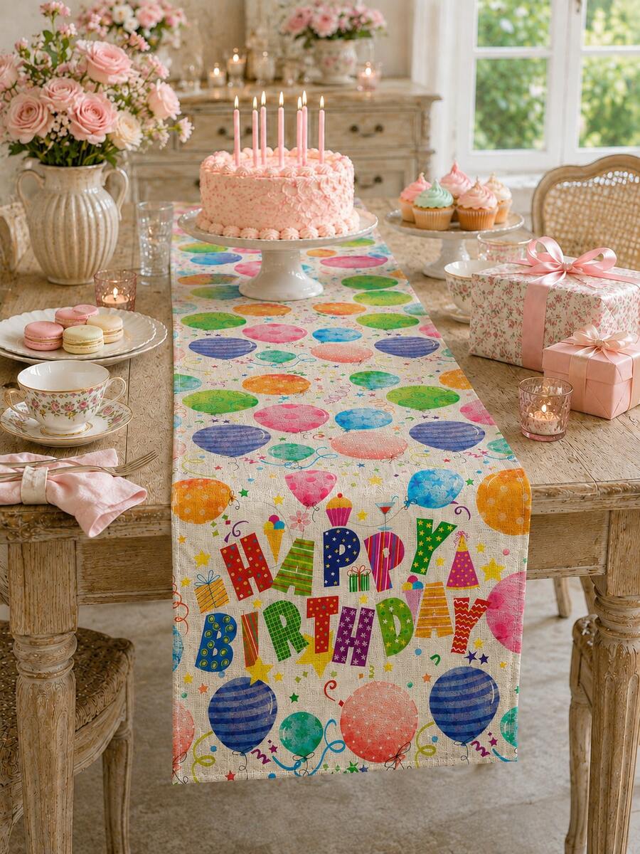 1pc-Birthday Linen Table Runner, Colorful Happy Birthday Table Decor With Balloons Cake Gifts And Confetti, Rustic Farmhouse Birthday Party Decorations For Dining Table Kitchen Home - Multicolor - View 1