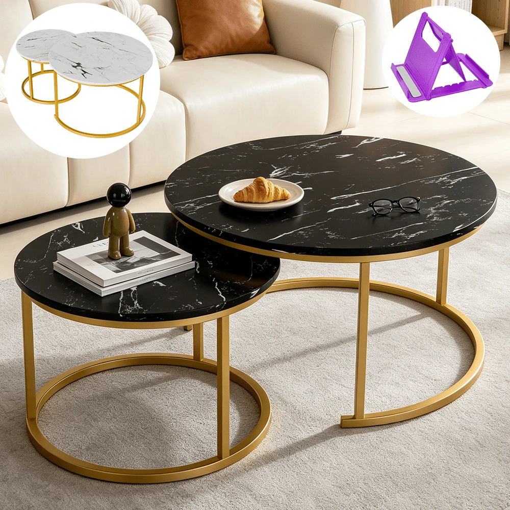 Set aus 2 industriellen Schachtelcouchen, Couchtisch-Set mit Tischplatten in Marmor-Optik, 70 cm modernes Beistelltisch-Set für Wohnzimmer - Schwarz - Übersicht 1