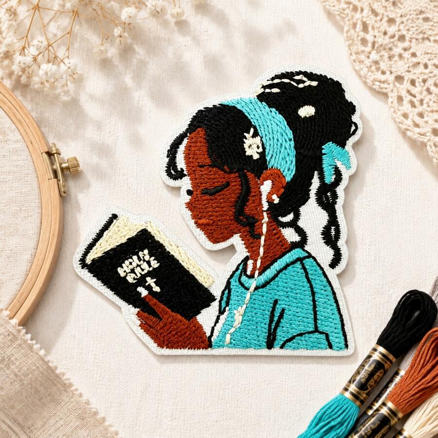 1pc/2pcs/3pcs/4pcs Reading Themed Embroidered Patch, Iron Or Sew‑On Girl With Holy Bible Badge, DIY Decor For Clothing Backpacks - Multicolor - View 1