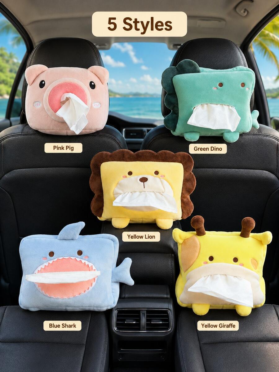 Car Headrest Tissue Box Holder, Hanging Animal Tissue Box Sleeve With Shoulder Strap And Zipper Storage, Rear Seat Tissue Dispenser And Napkin Organizer, Pig Dinosaur Lion Shark Giraffe Pattern, Suitable For Car Seat Headrests, Center Console Armrest And Rear Seat