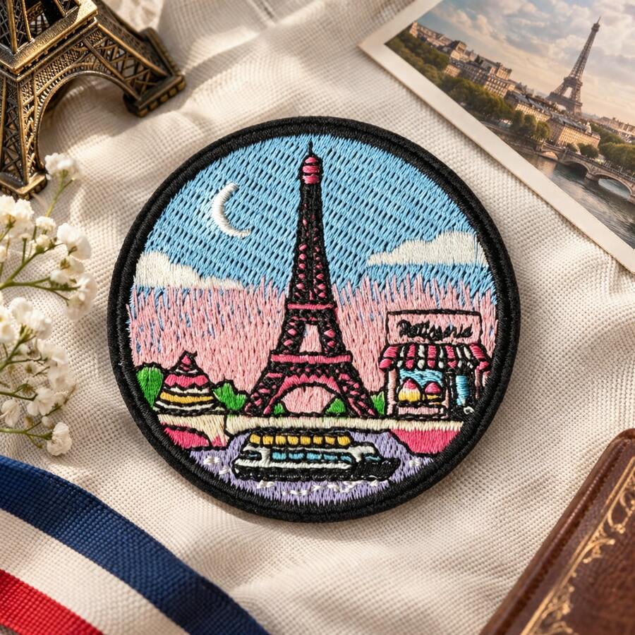 1pc/2pcs/3pcs/4pcs Paris Eiffel Tower Iron‑On Patch, France Travel City Landscape Round Embroidered Applique - Multicolor - View 1