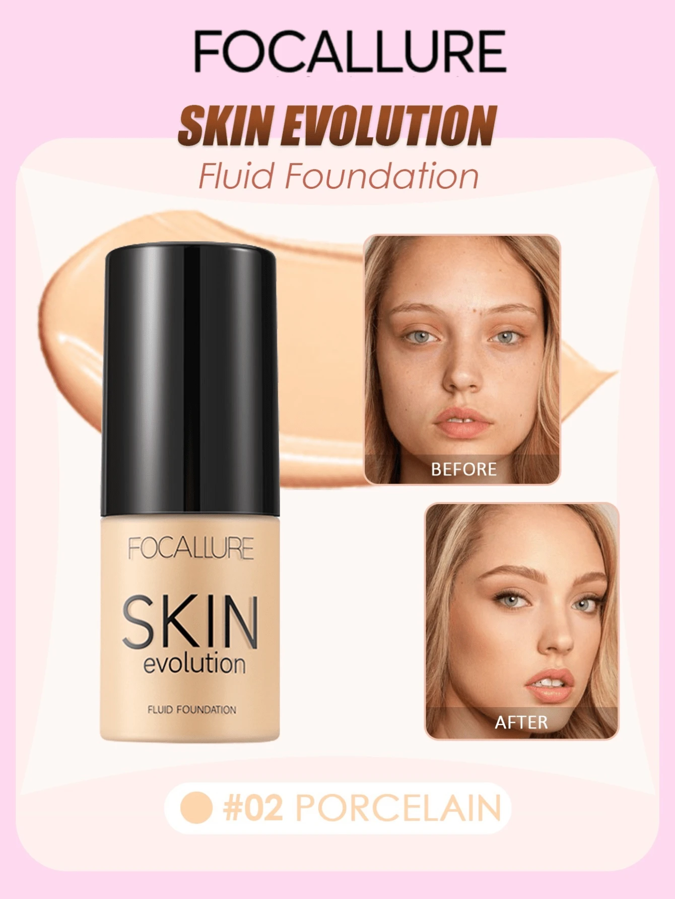FOCALLURE 31g SPF15+PA SKIN EVOLUTION Liquid Foundation, Cakupan Penuh, Menutupi Noda, Mengoreksi Warna, Menyamarkan Pori-Pori, Pengontrol Minyak Tahan Lama, Melembapkan, Hasil Akhir Matte Alami, Makeup Tahan Air - #02 PORSELEN - View 1