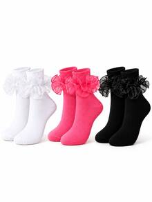 3/1 Pair Women Ruffled Mesh Trim Mid‑Calf Socks, Sweet Lolita Style Frilly Decorative Crew Socks, Stretchy Soft Fashion Socks, Cute Statement Socks For Cosplay, Dress Matching, Party, Daily Outfit And Campus Wear, Multi‑Color Options - Multicolor - View 12